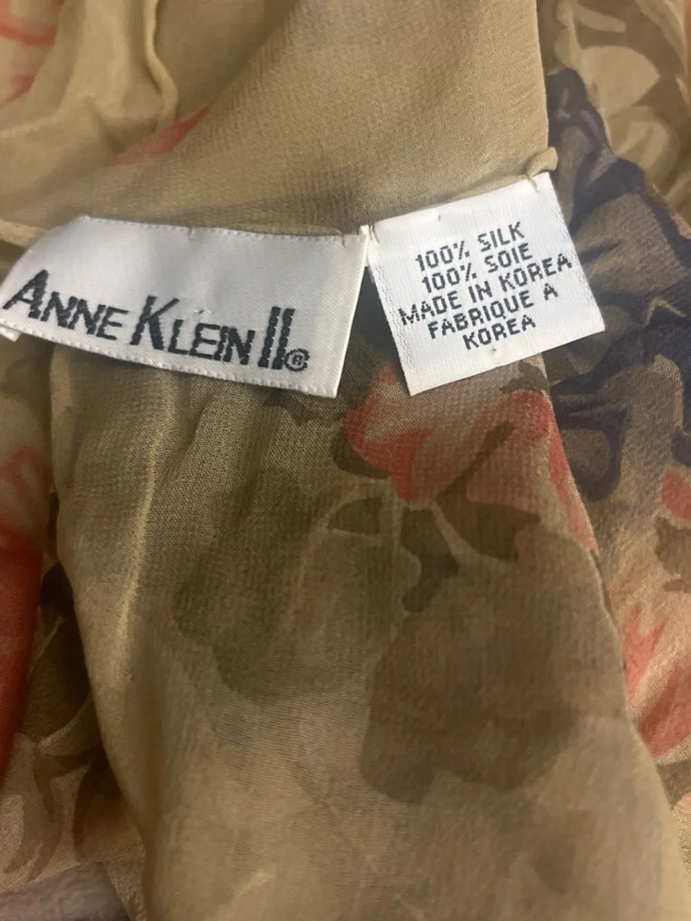 Anne Klein Floral Silk Dress in Tan and Coral Accents